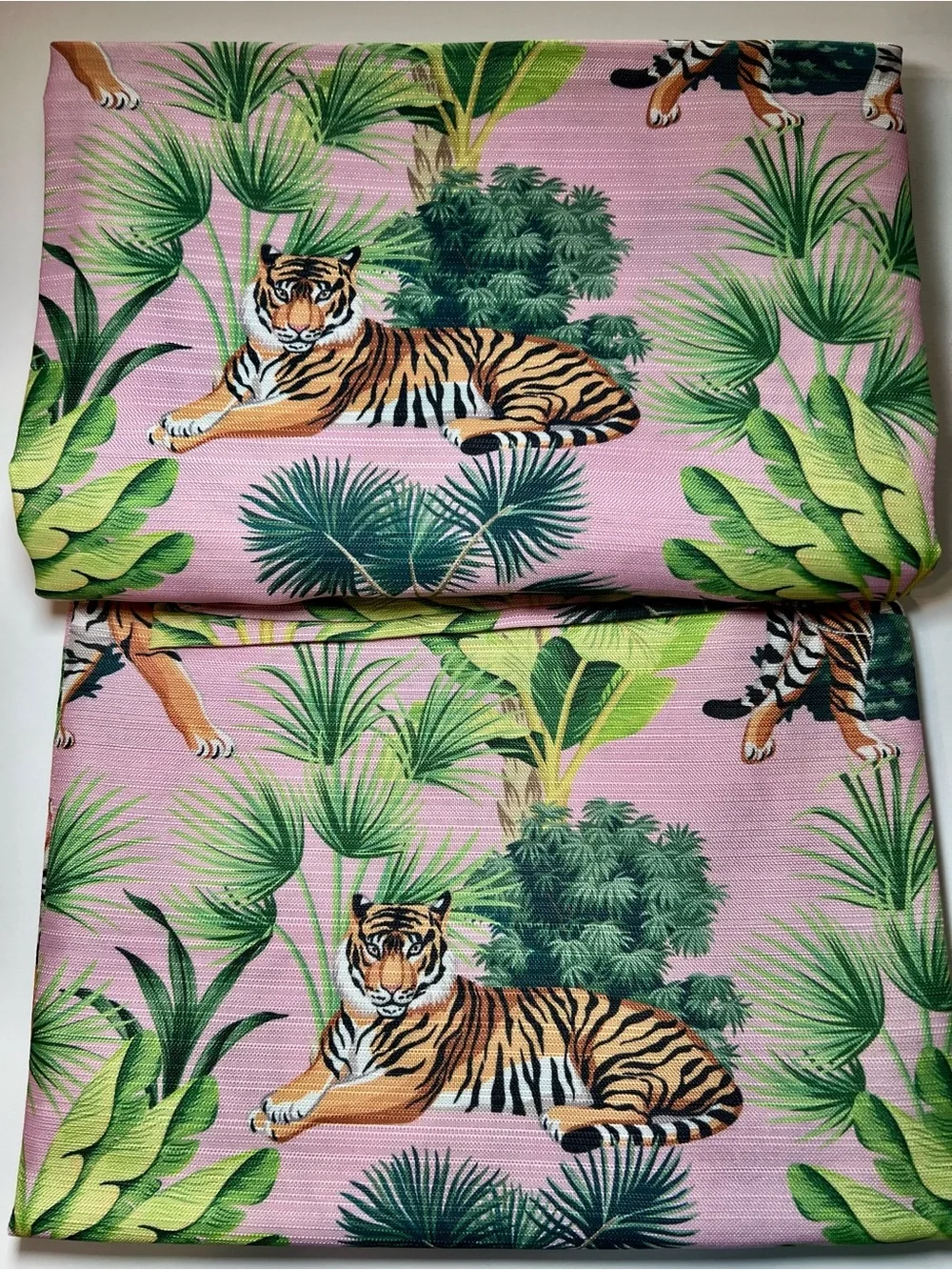 Tigers & Tropical Leaves Fabric Shower Curtain Tiger’s Life Pink & Green